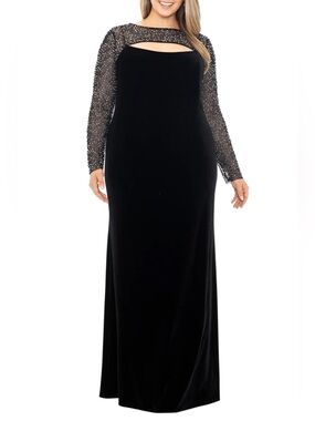 NWT! Betsy & Adam Faraj Embellished Cutout Long Sleeve Velvet Gown Size 20W
